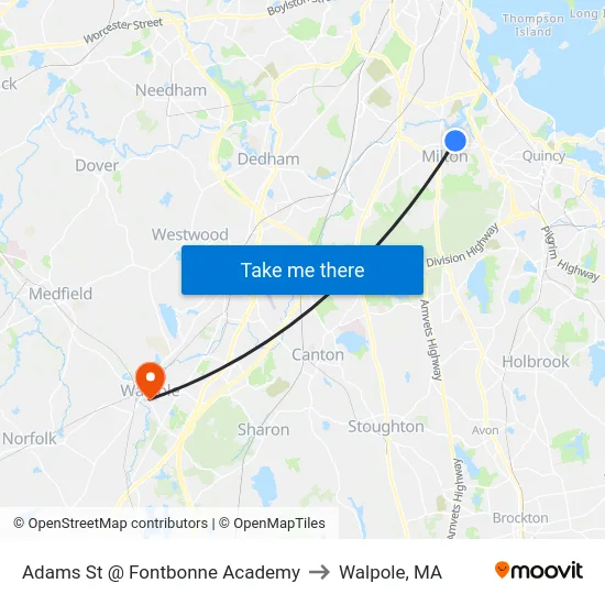 Adams St @ Fontbonne Academy to Walpole, MA map