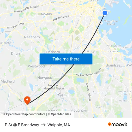 P St @ E Broadway to Walpole, MA map