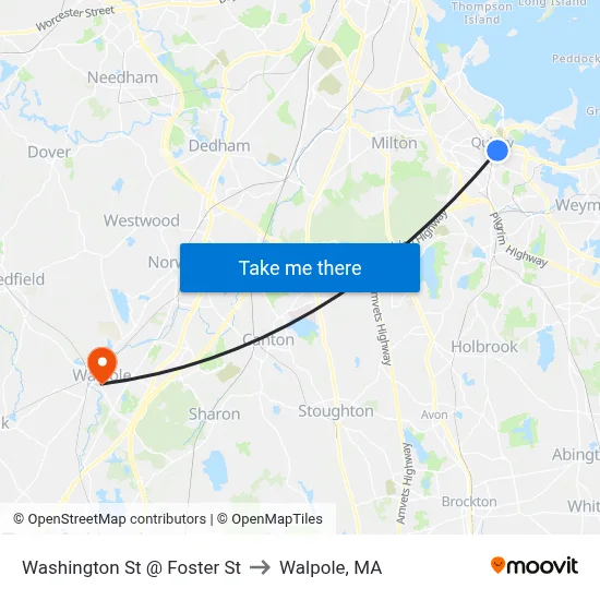 Washington St @ Foster St to Walpole, MA map