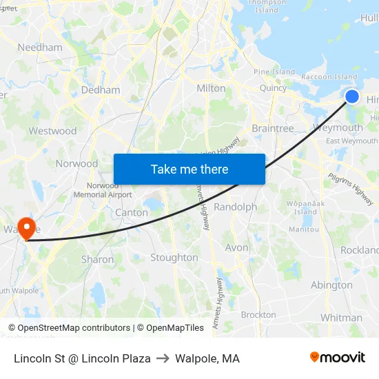 Lincoln St @ Lincoln Plaza to Walpole, MA map