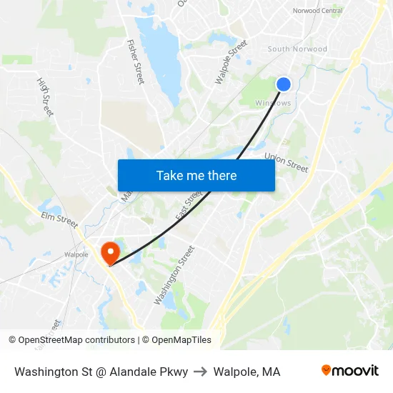 Washington St @ Alandale Pkwy to Walpole, MA map