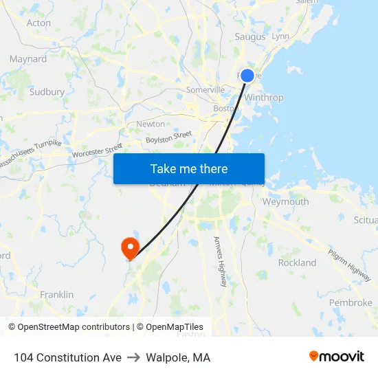 104 Constitution Ave to Walpole, MA map