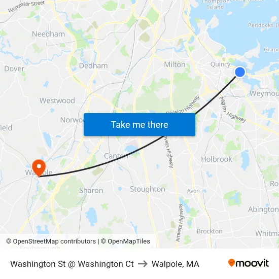 Washington St @ Washington Ct to Walpole, MA map