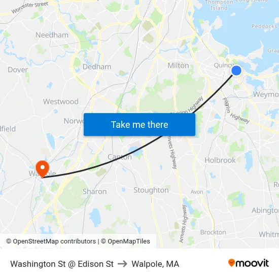 Washington St @ Edison St to Walpole, MA map