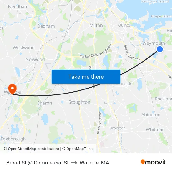 Broad St @ Commercial St to Walpole, MA map