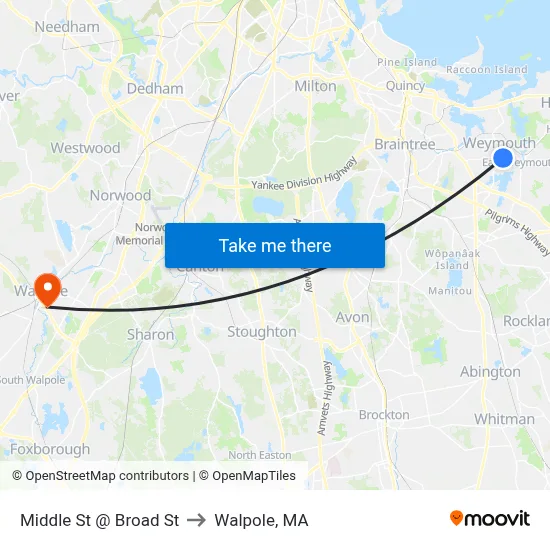 Middle St @ Broad St to Walpole, MA map