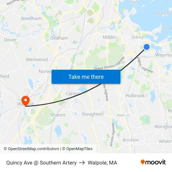 Quincy Ave @ Southern Artery to Walpole, MA map
