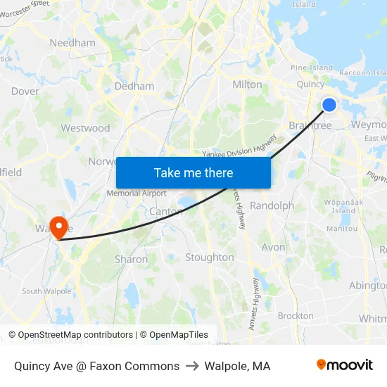 Quincy Ave @ Faxon Commons to Walpole, MA map
