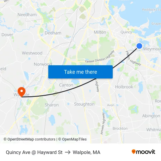 Quincy Ave @ Hayward St to Walpole, MA map