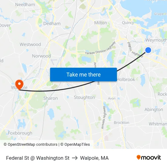 Federal St @ Washington St to Walpole, MA map