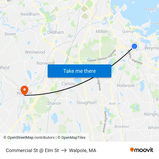 Commercial St @ Elm St to Walpole, MA map