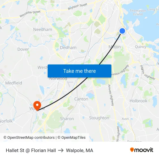Hallet St @ Florian Hall to Walpole, MA map