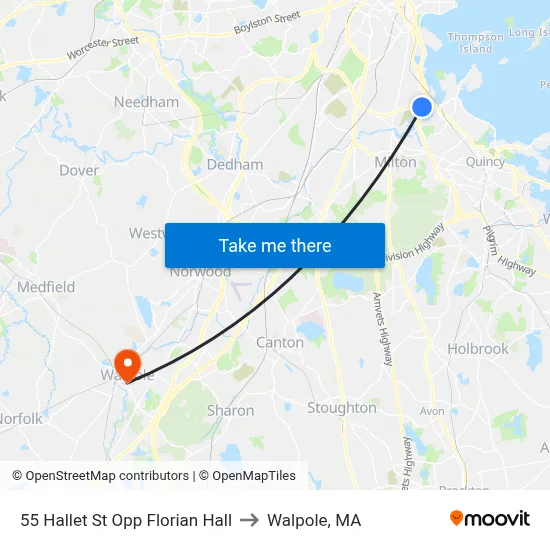 55 Hallet St Opp Florian Hall to Walpole, MA map