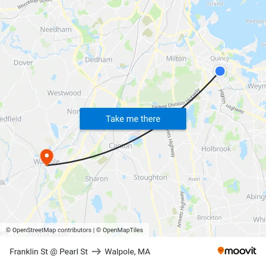 Franklin St @ Pearl St to Walpole, MA map