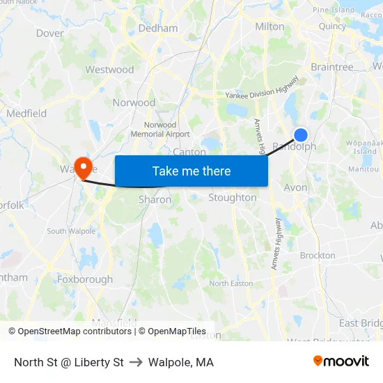 North St @ Liberty St to Walpole, MA map