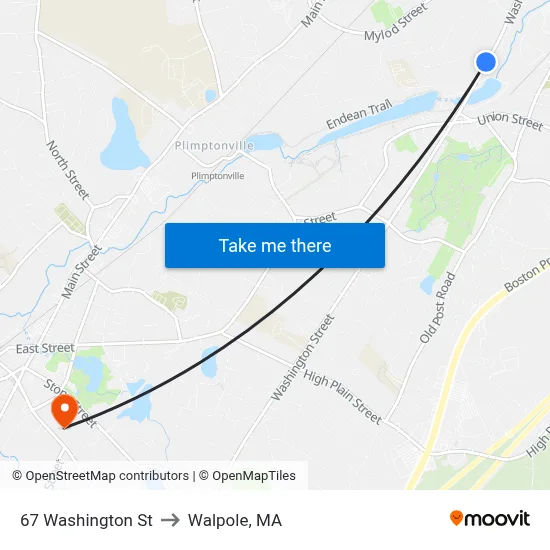 67 Washington St to Walpole, MA map