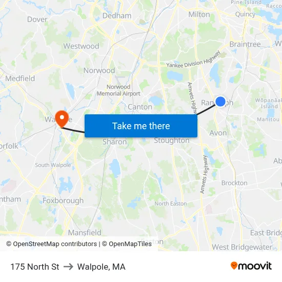 175 North St to Walpole, MA map