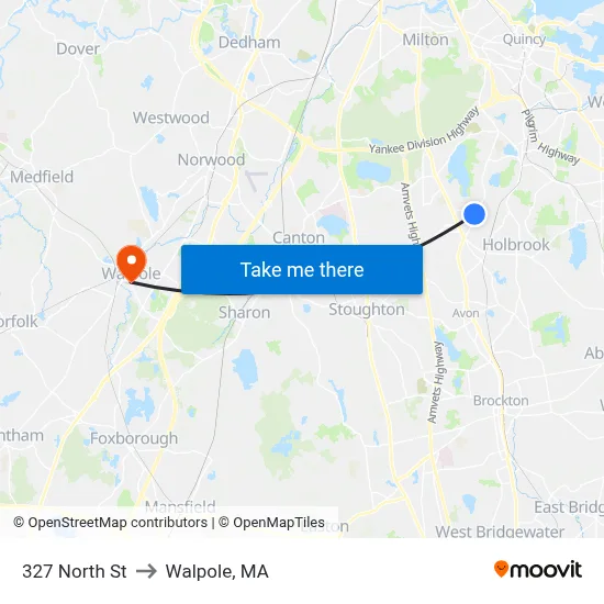 327 North St to Walpole, MA map