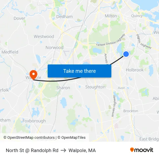 North St @ Randolph Rd to Walpole, MA map