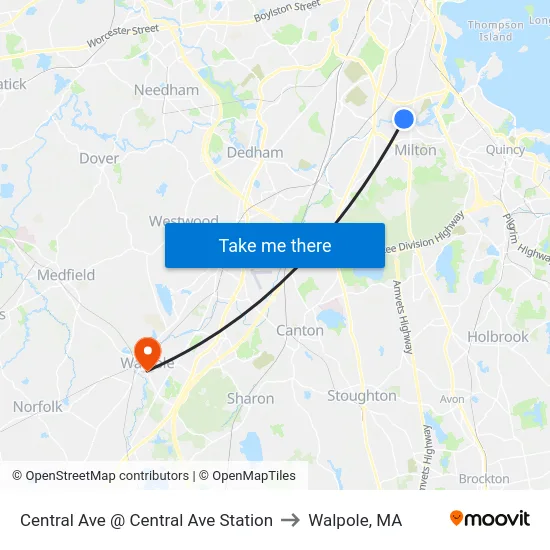 Central Ave @ Central Ave Station to Walpole, MA map
