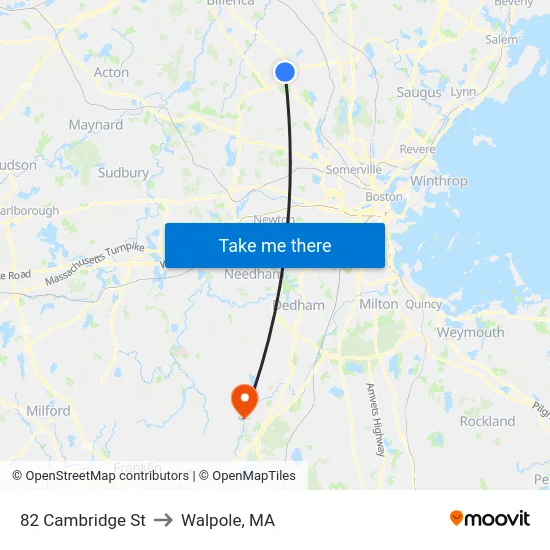 82 Cambridge St to Walpole, MA map