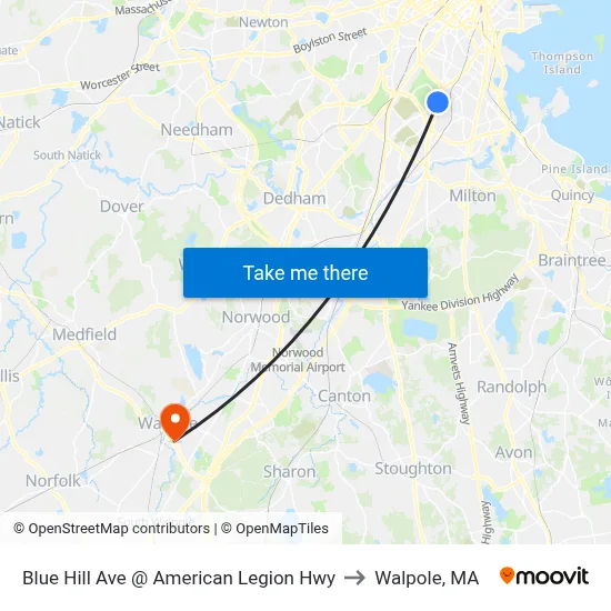 Blue Hill Ave @ American Legion Hwy to Walpole, MA map