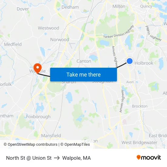 North St @ Union St to Walpole, MA map