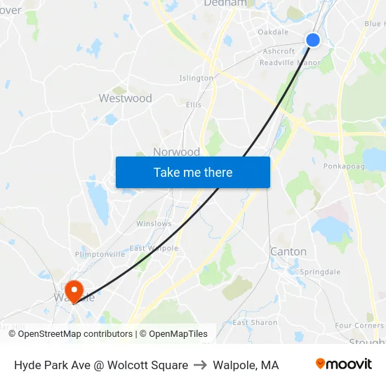 Hyde Park Ave @ Wolcott Square to Walpole, MA map