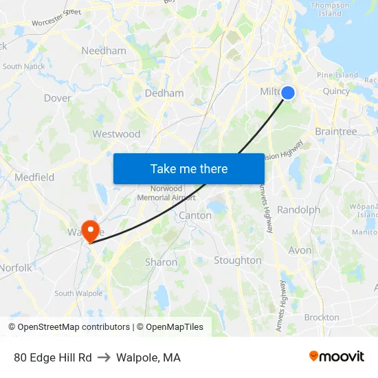 80 Edge Hill Rd to Walpole, MA map