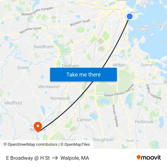 E Broadway @ H St to Walpole, MA map