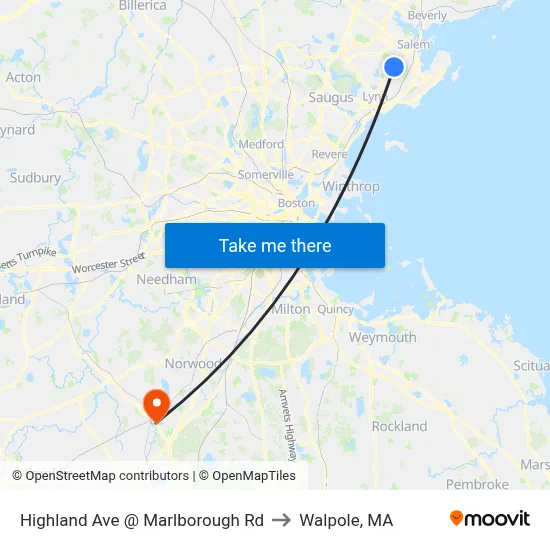 Highland Ave @ Marlborough Rd to Walpole, MA map