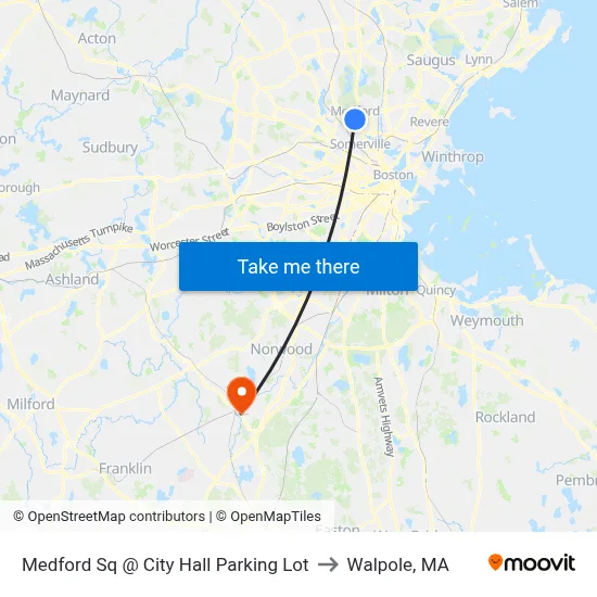 Medford Sq @ City Hall Parking Lot to Walpole, MA map