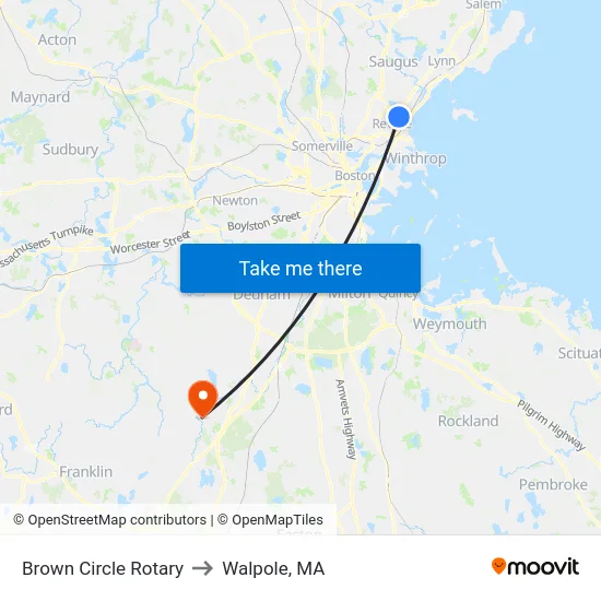 Brown Circle Rotary to Walpole, MA map