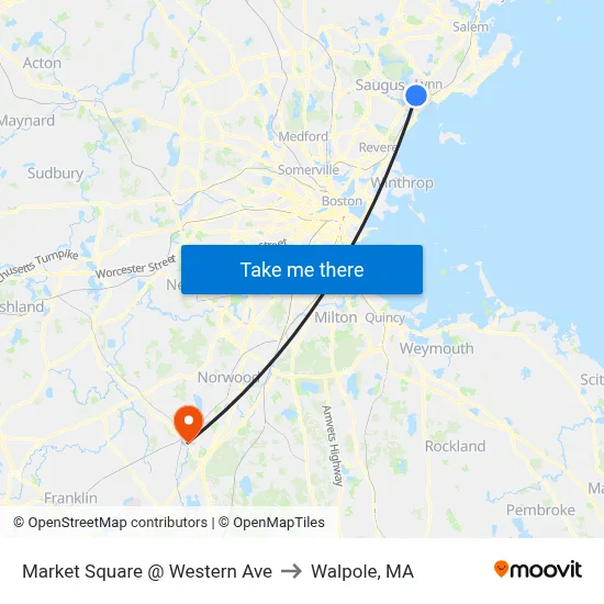 Market Square @ Western Ave to Walpole, MA map