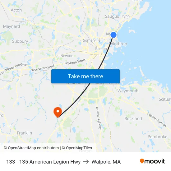 133 - 135 American Legion Hwy to Walpole, MA map