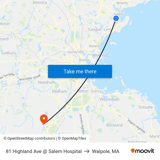 81 Highland Ave @ Salem Hospital to Walpole, MA map