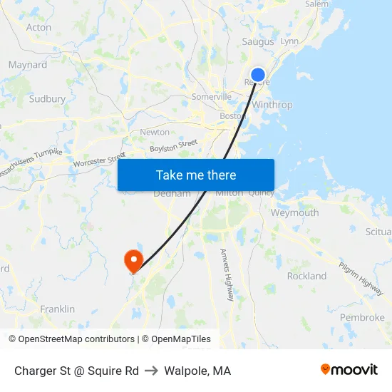 Charger St @ Squire Rd to Walpole, MA map