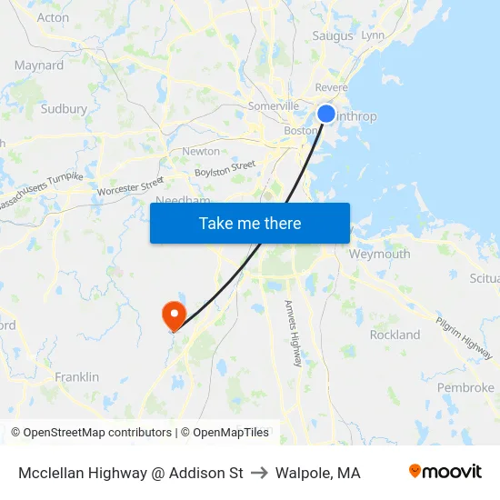 Mcclellan Highway @ Addison St to Walpole, MA map