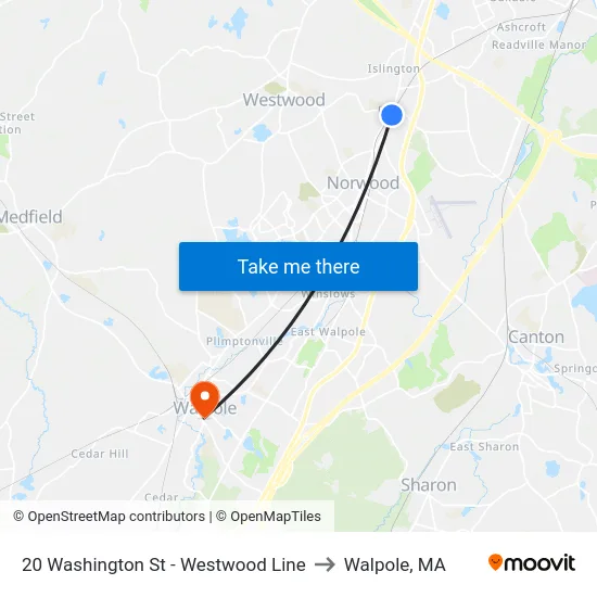 20 Washington St - Westwood Line to Walpole, MA map
