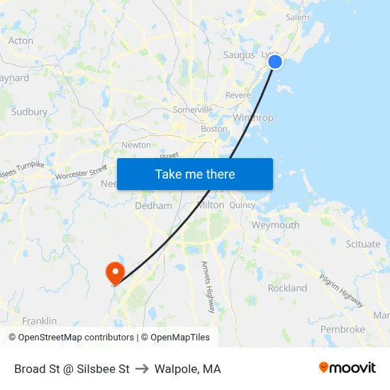 Broad St @ Silsbee St to Walpole, MA map