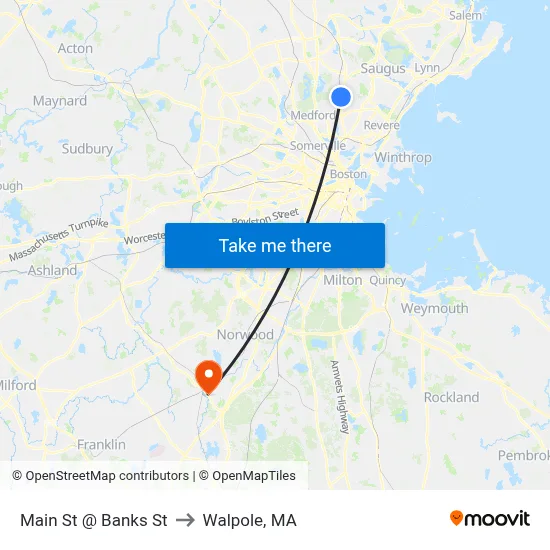 Main St @ Banks St to Walpole, MA map