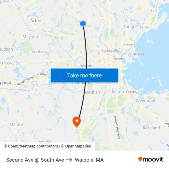 Second Ave @ South Ave to Walpole, MA map