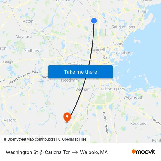 Washington St @ Carlena Ter to Walpole, MA map