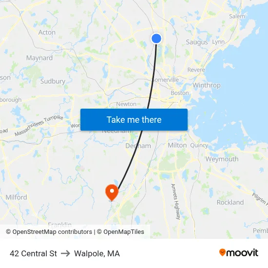 42 Central St to Walpole, MA map