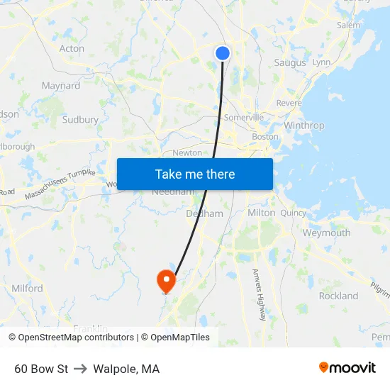 60 Bow St to Walpole, MA map