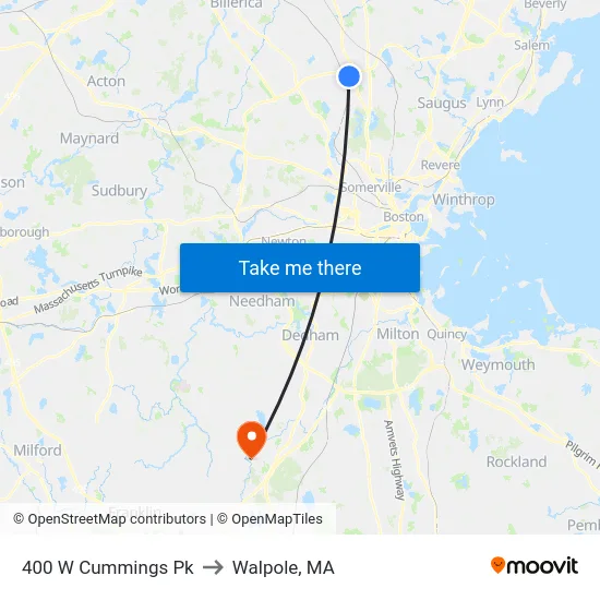 400 W Cummings Pk to Walpole, MA map