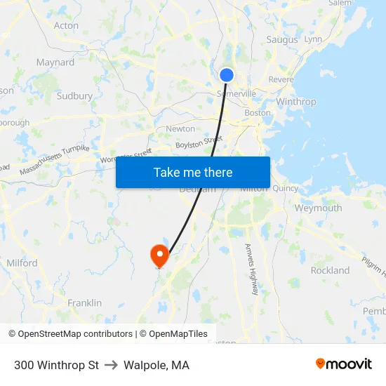 300 Winthrop St to Walpole, MA map
