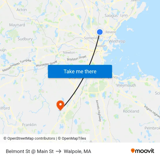 Belmont St @ Main St to Walpole, MA map