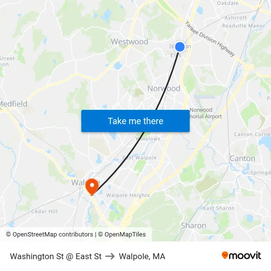 Washington St @ East St to Walpole, MA map