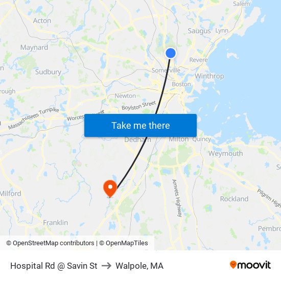 Hospital Rd @ Savin St to Walpole, MA map